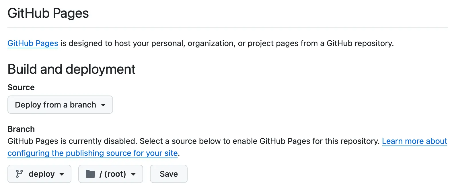 Screenshot of the GitHub Pages settings page